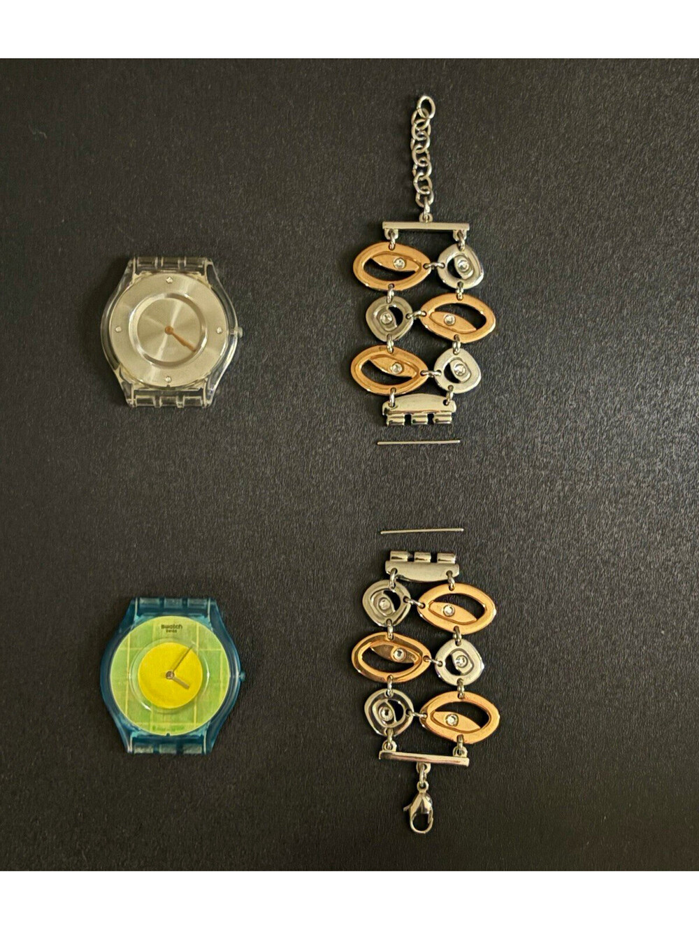 Swatch Watch Parts Lot: 2 Cases/Movements + 1 Metal Link Band with Pins